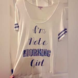 Juicy Couture shirt, silver glitter/sequin print “I’m not a morning girl”. XL.